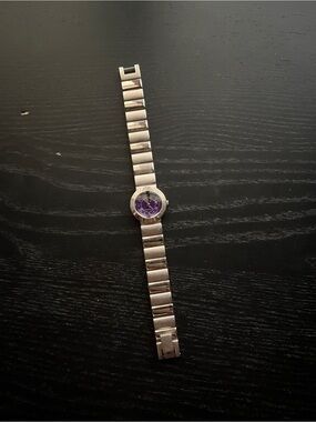 Quartz Watch Purple Dial Silver Tone Stainless Steel Back 8.5"